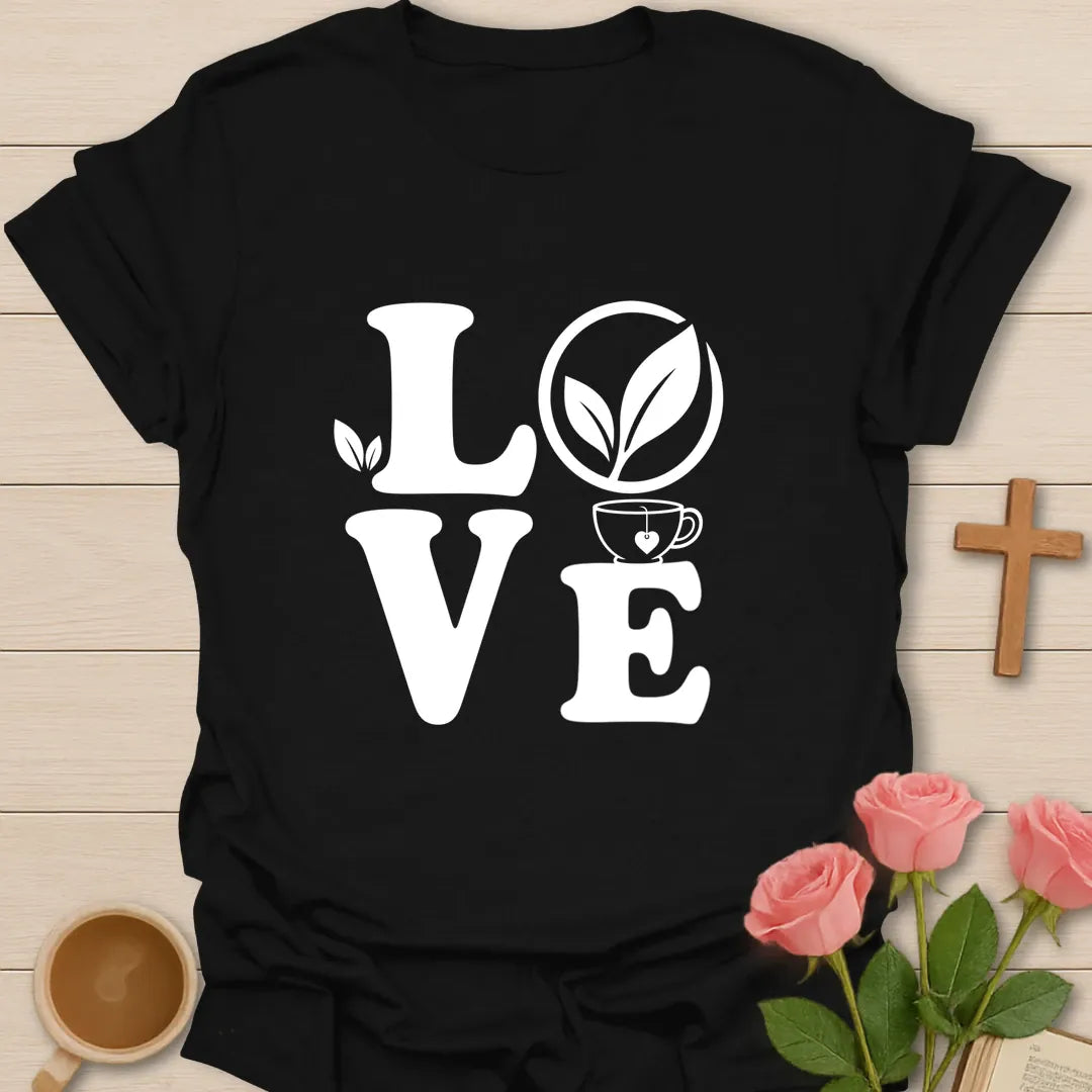 Love Tea shirt with warm lettering and faith-inspired tea design. - Black