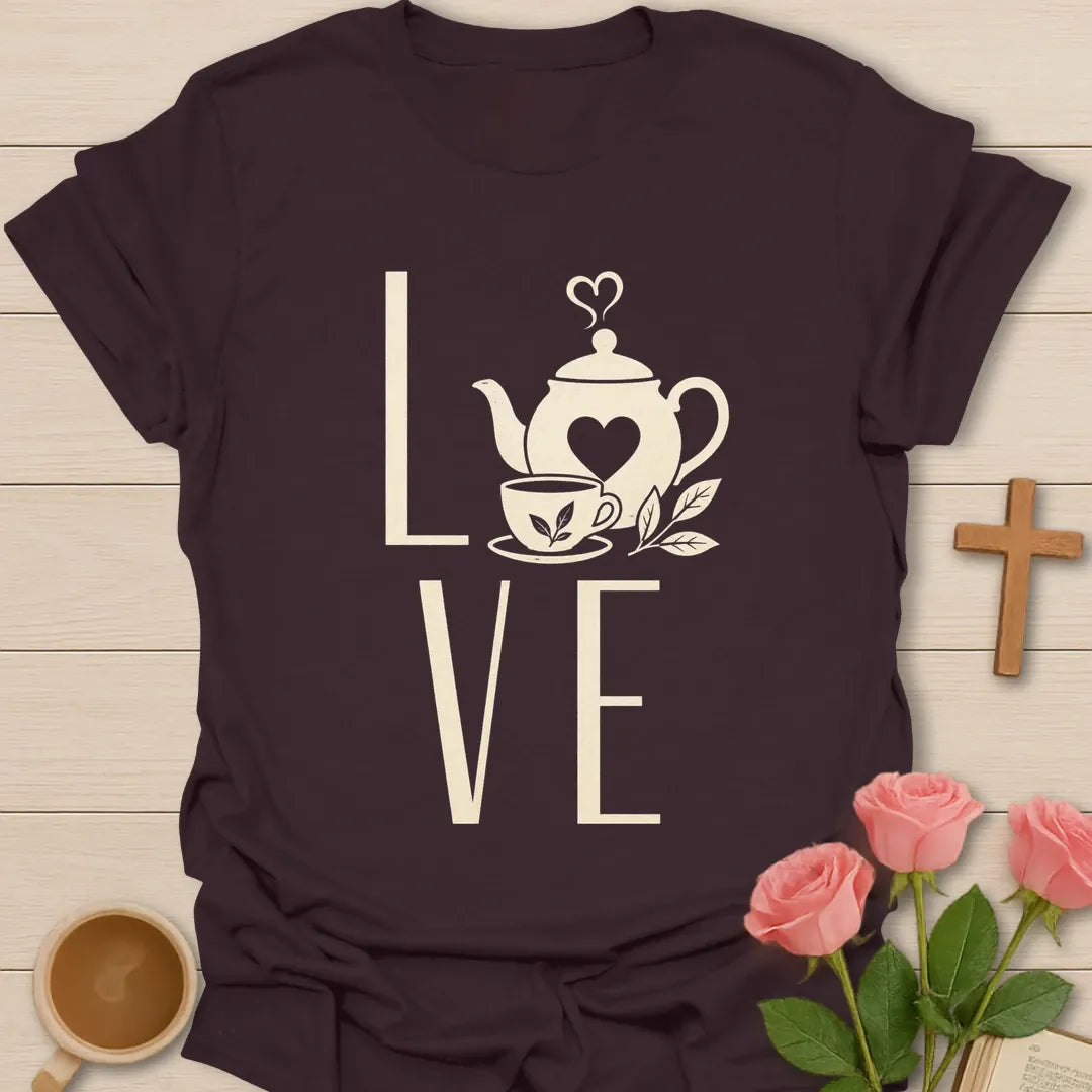 Love Tea shirt with teapot, teacup, heart, leaves, and large cream LOVE lettering. - Dark Chocolate