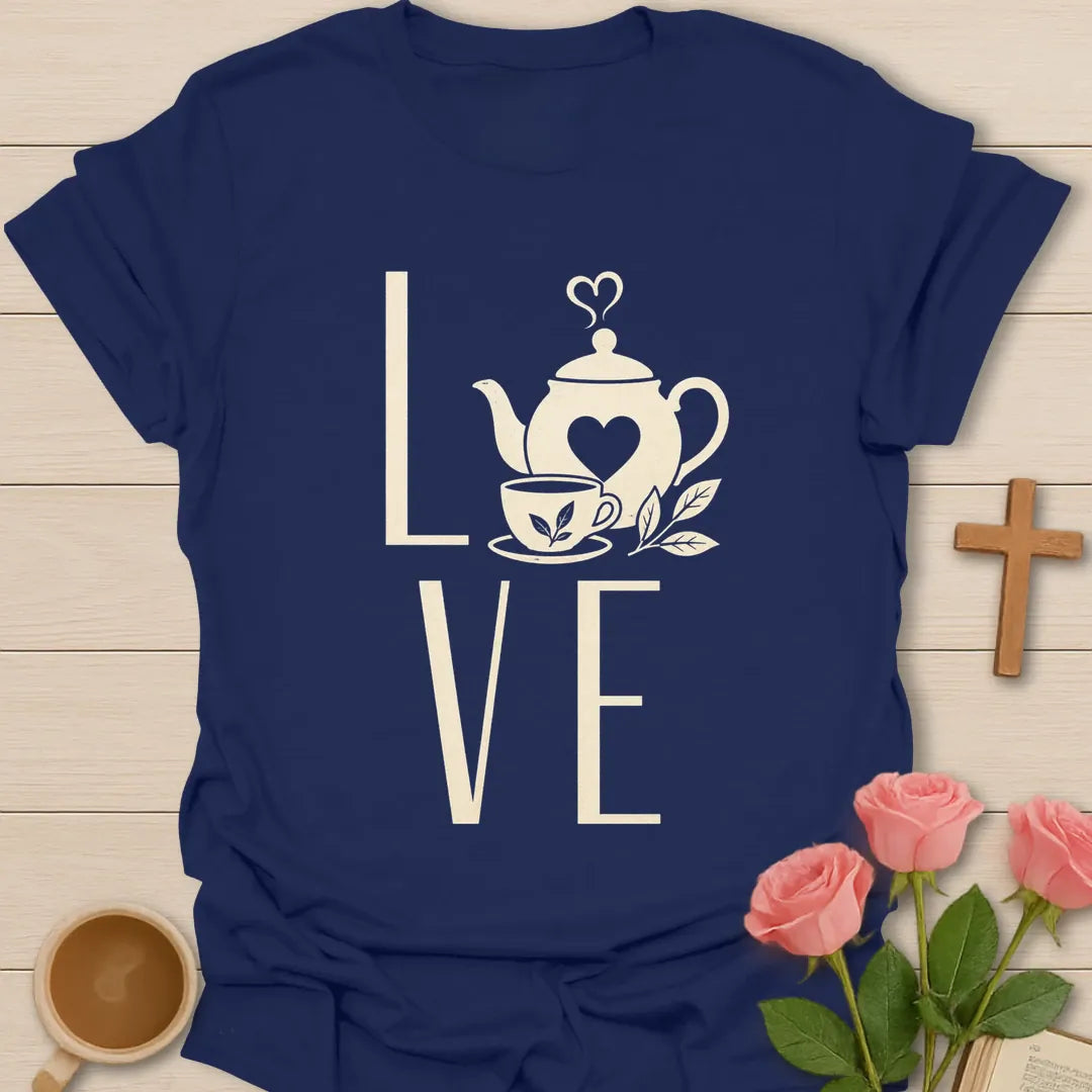 Love Tea shirt with teapot, teacup, heart, leaves, and large cream LOVE lettering. - Navy