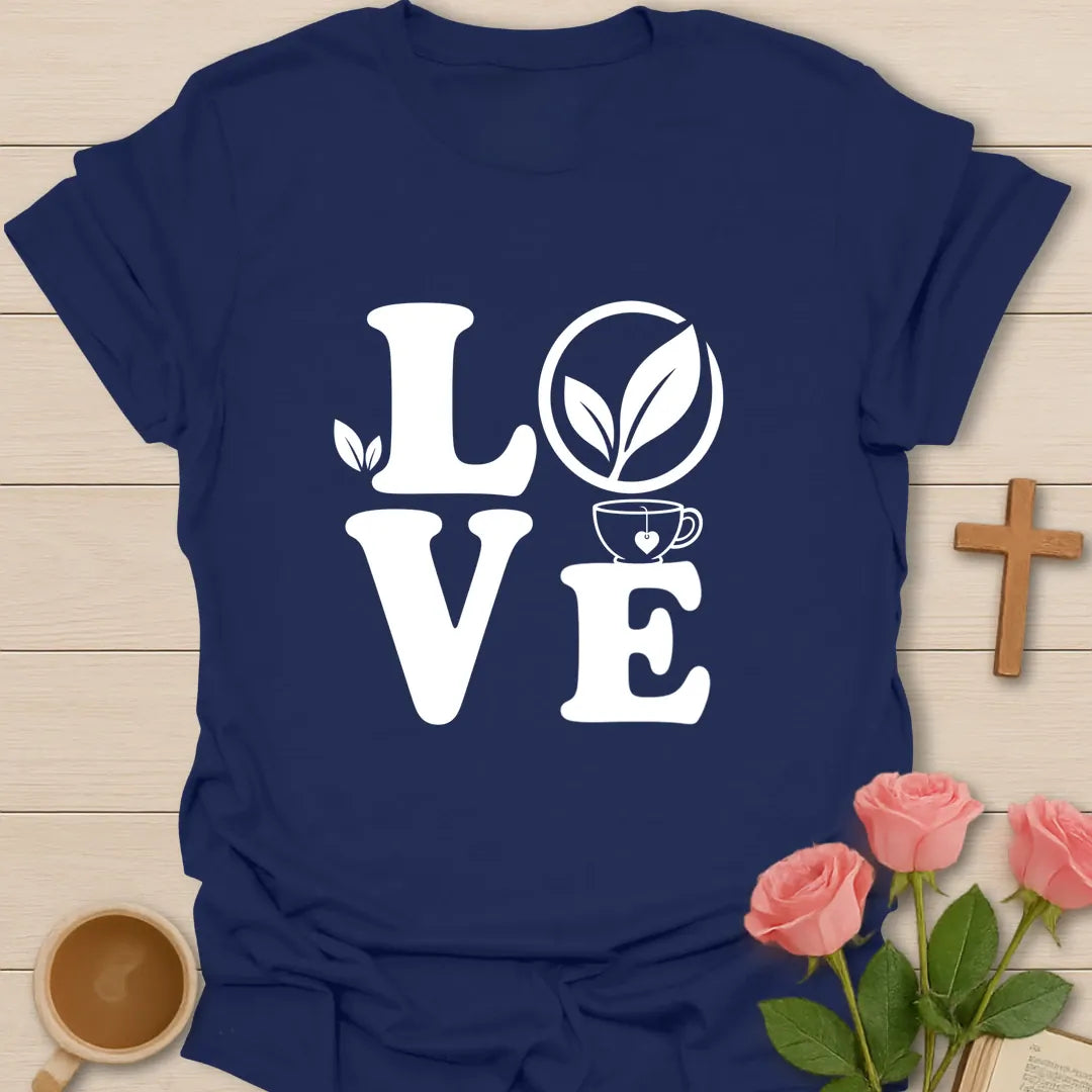 Love Tea shirt with warm lettering and faith-inspired tea design. - Navy