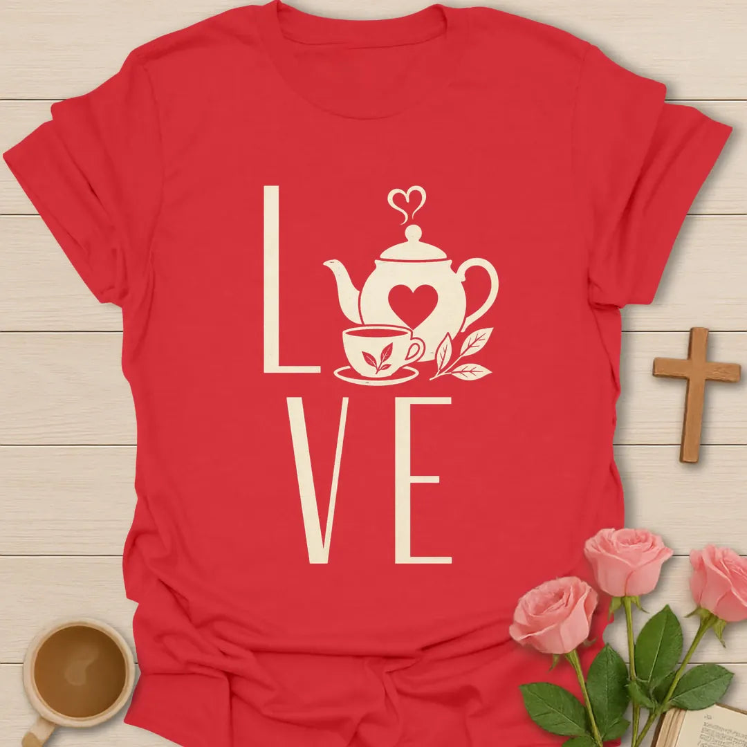 Love Tea shirt with teapot, teacup, heart, leaves, and large cream LOVE lettering. - Red