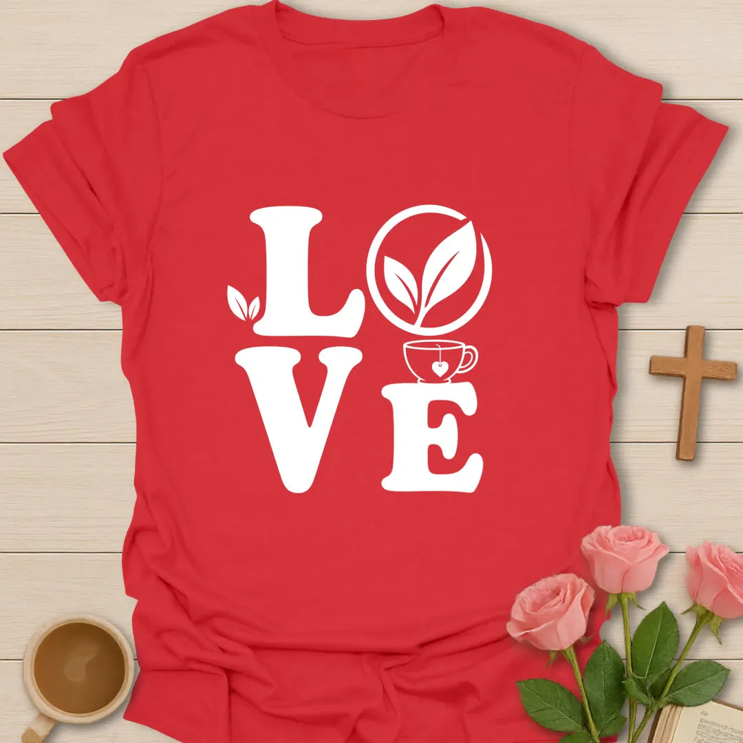 Love Tea shirt with warm lettering and faith-inspired tea design. - Red
