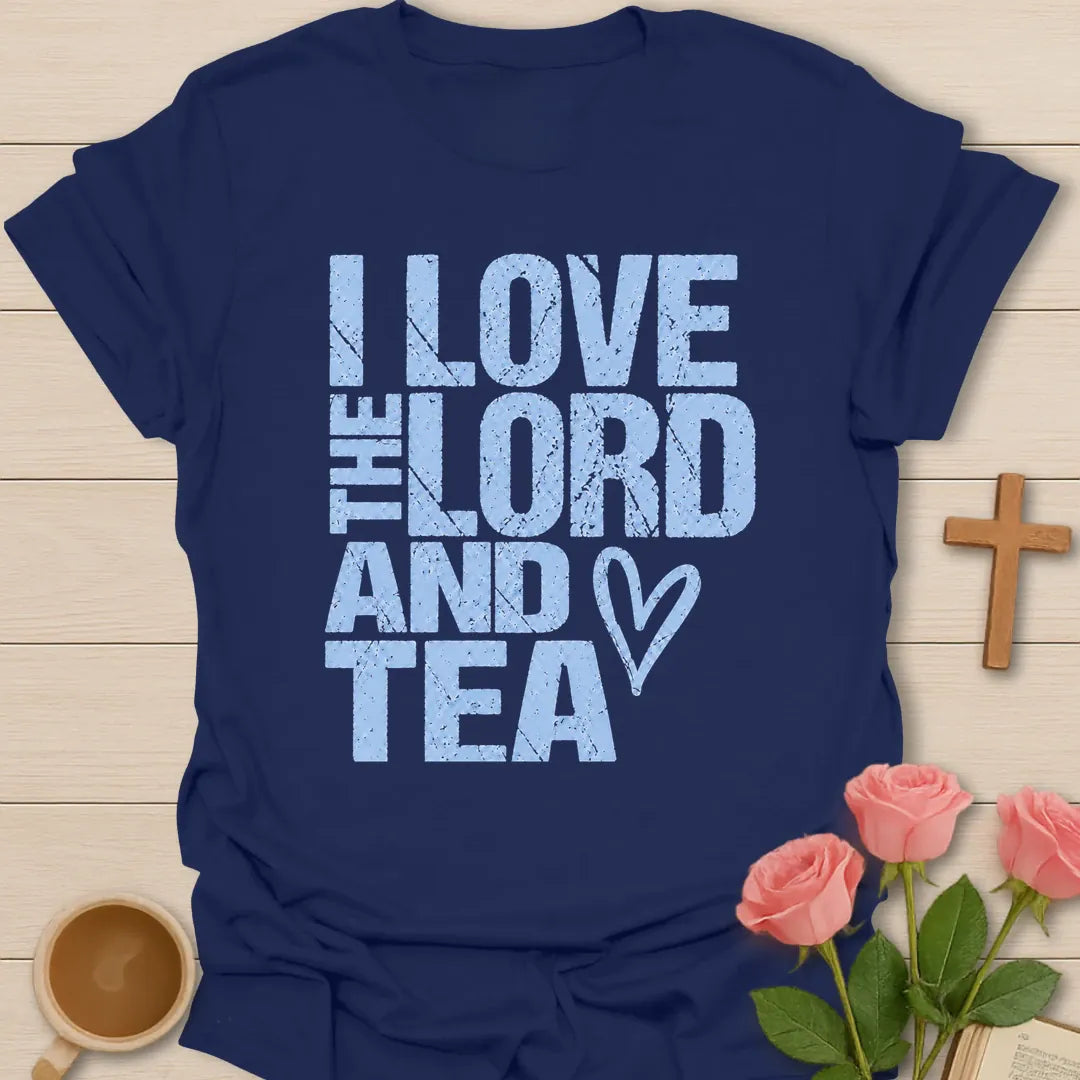 I Love the Lord and Tea t-shirt in bold distressed block lettering with a hand-drawn heart - Navy
