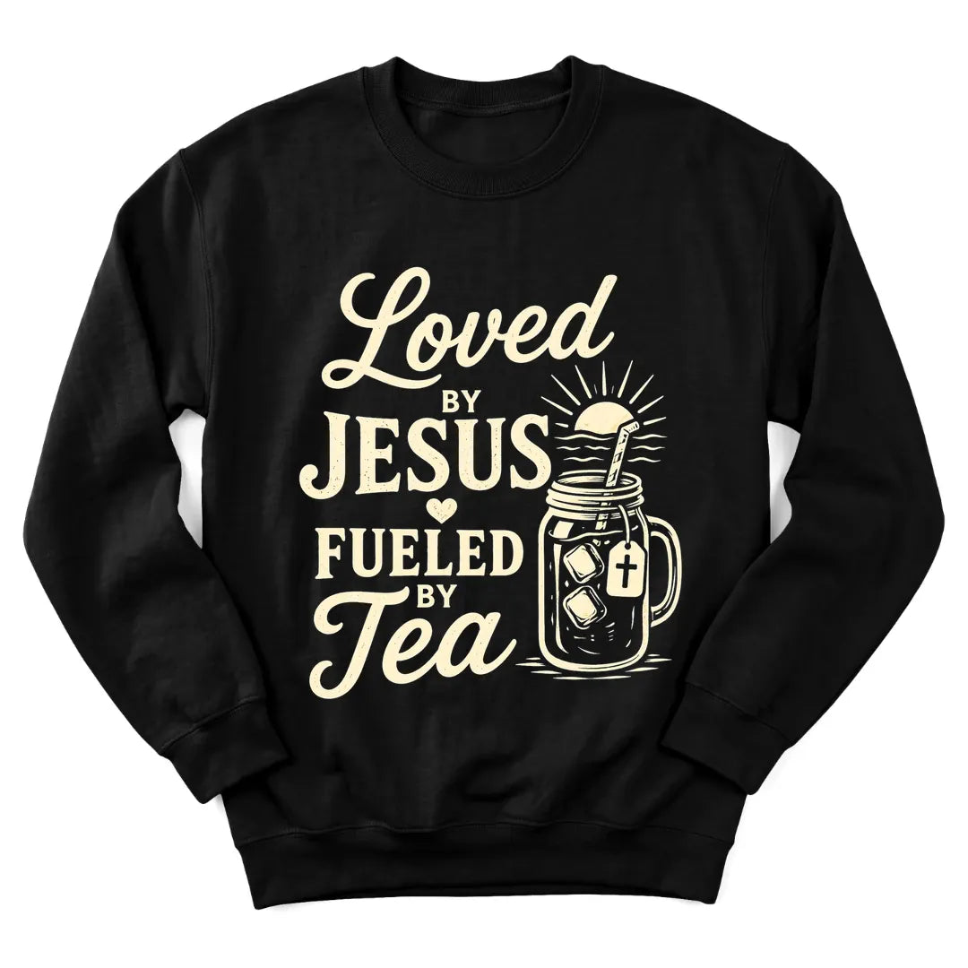 Loved By Jesus tea sweatshirt with heart, teacup and faith lettering - Black
