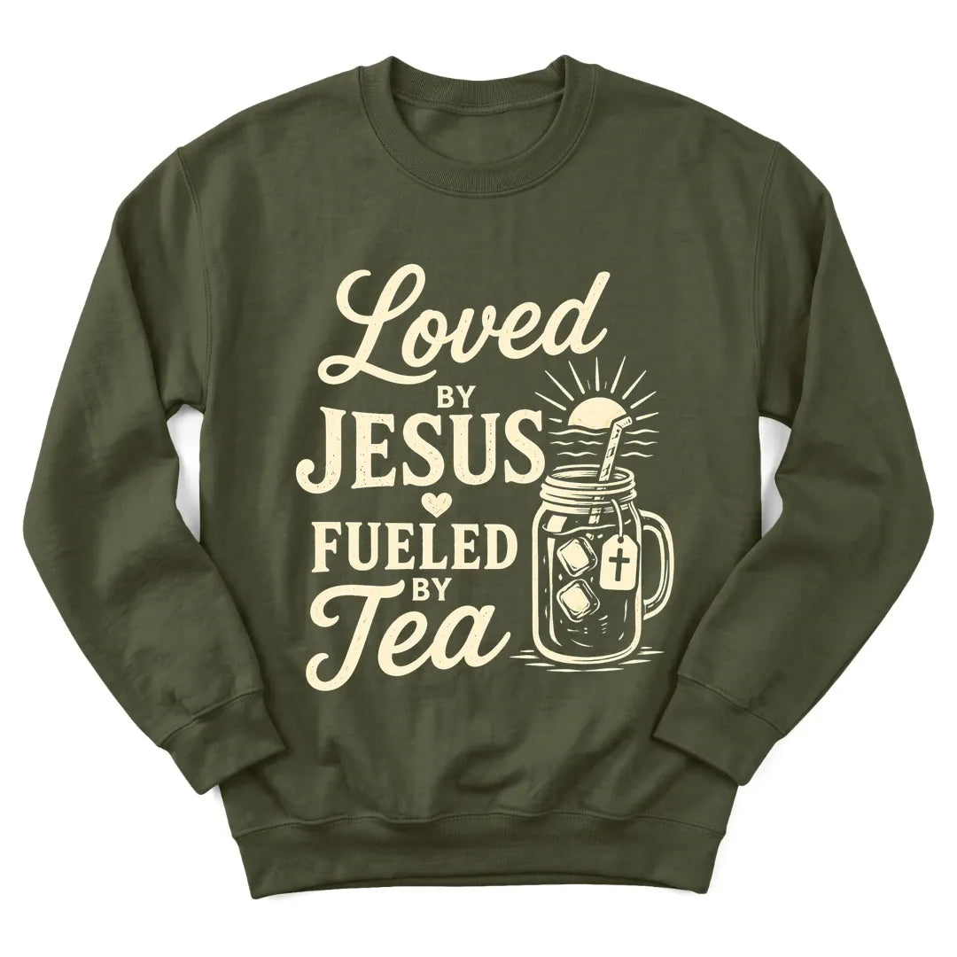 Loved By Jesus tea sweatshirt with heart, teacup and faith lettering - Military Green