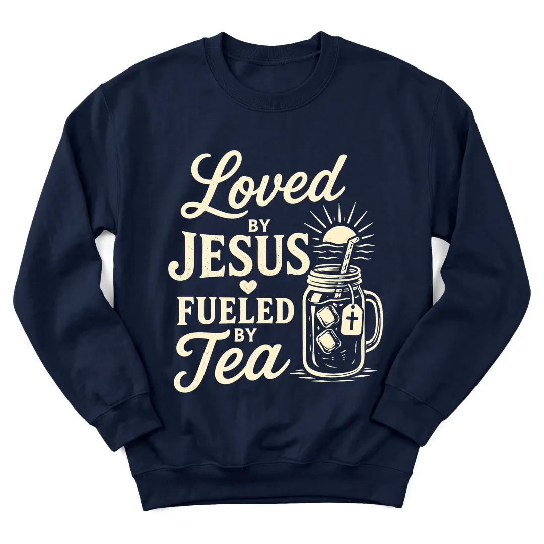 Loved By Jesus tea sweatshirt with heart, teacup and faith lettering - Navy
