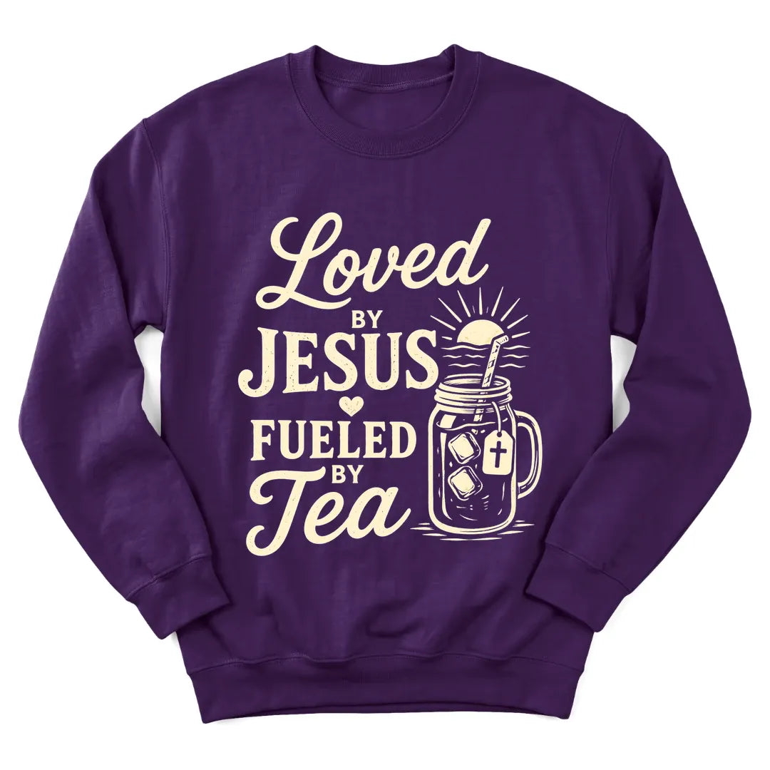 Loved By Jesus tea sweatshirt with heart, teacup and faith lettering - Purple