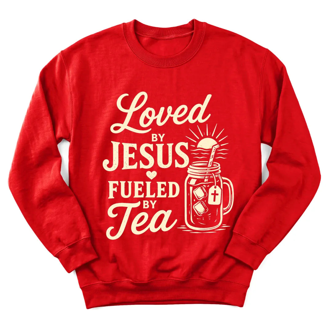 Loved By Jesus tea sweatshirt with heart, teacup and faith lettering - Red