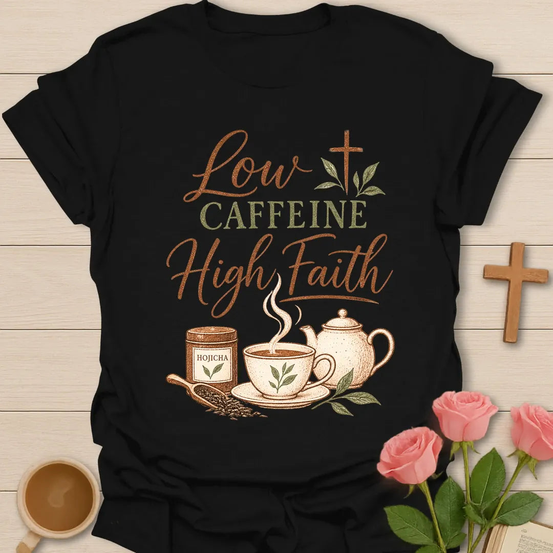 Low Caffeine High Faith t-shirt with script and vintage lettering, a hojicha tea tin, teacup, teapot and a cross made of tea leaves. - Black