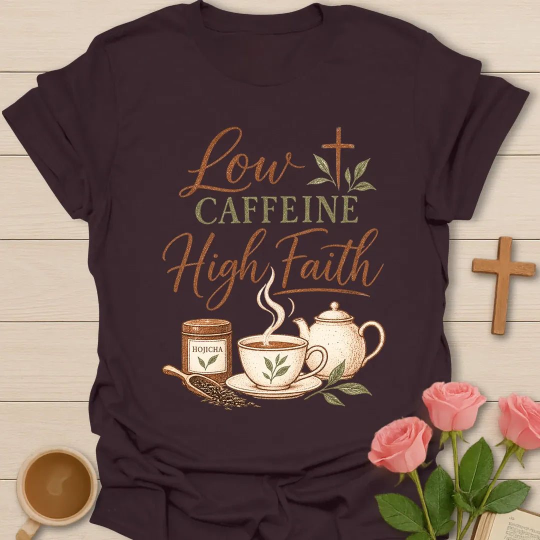 Low Caffeine High Faith t-shirt with script and vintage lettering, a hojicha tea tin, teacup, teapot and a cross made of tea leaves. - Dark Chocolate