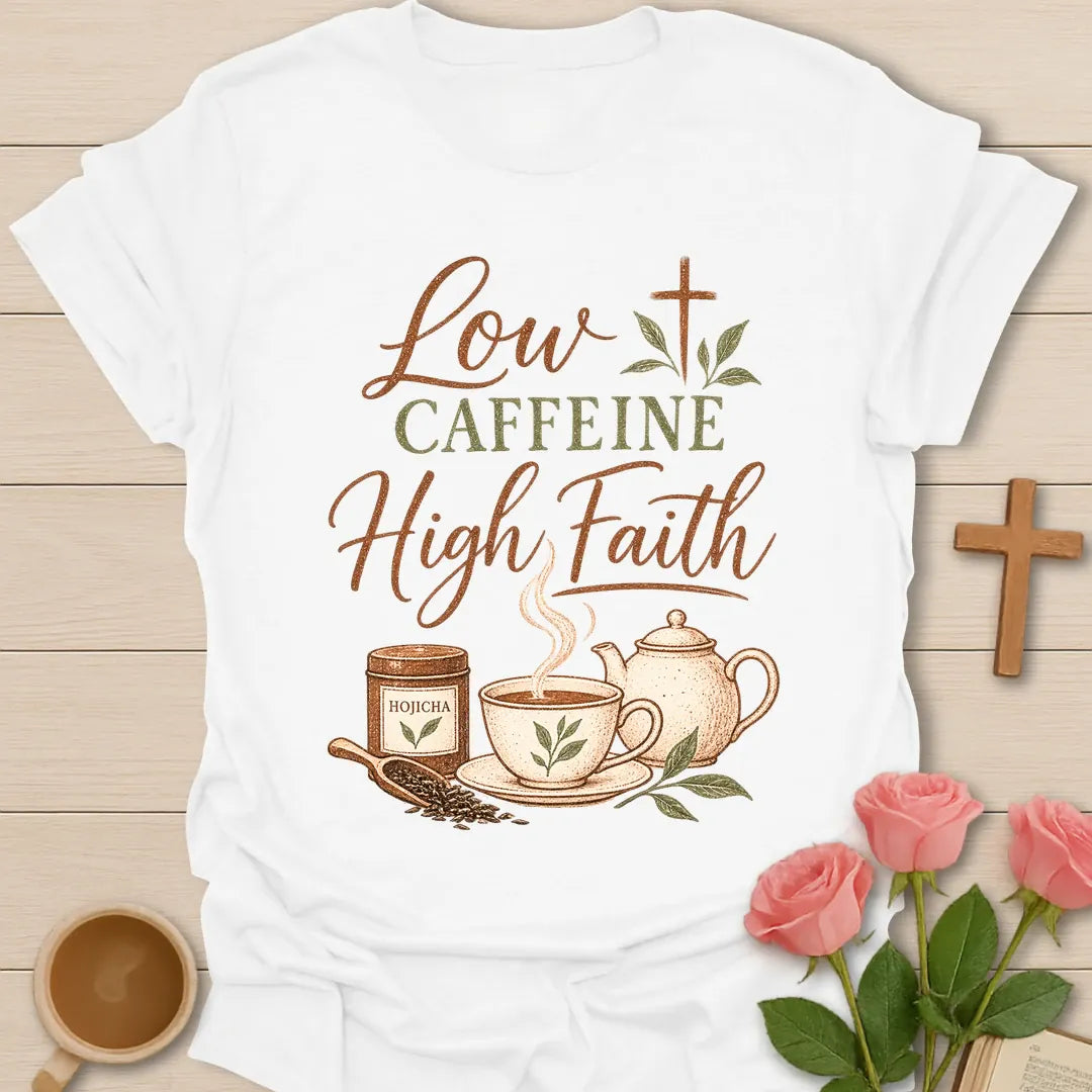 Low Caffeine High Faith t-shirt with script and vintage lettering, a hojicha tea tin, teacup, teapot and a cross made of tea leaves. - White