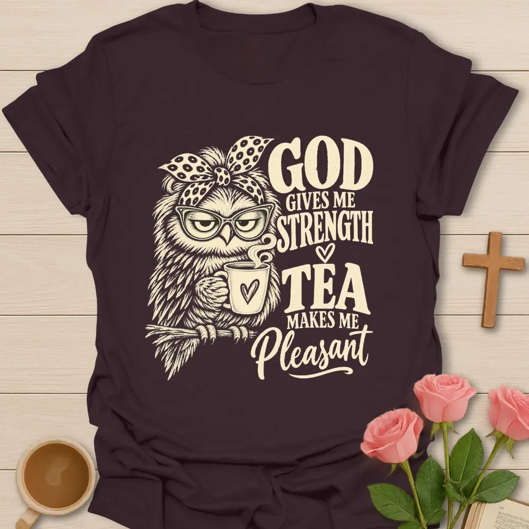Makes Me Pleasant t-shirt with playful tea-themed lettering - Dark Chocolate