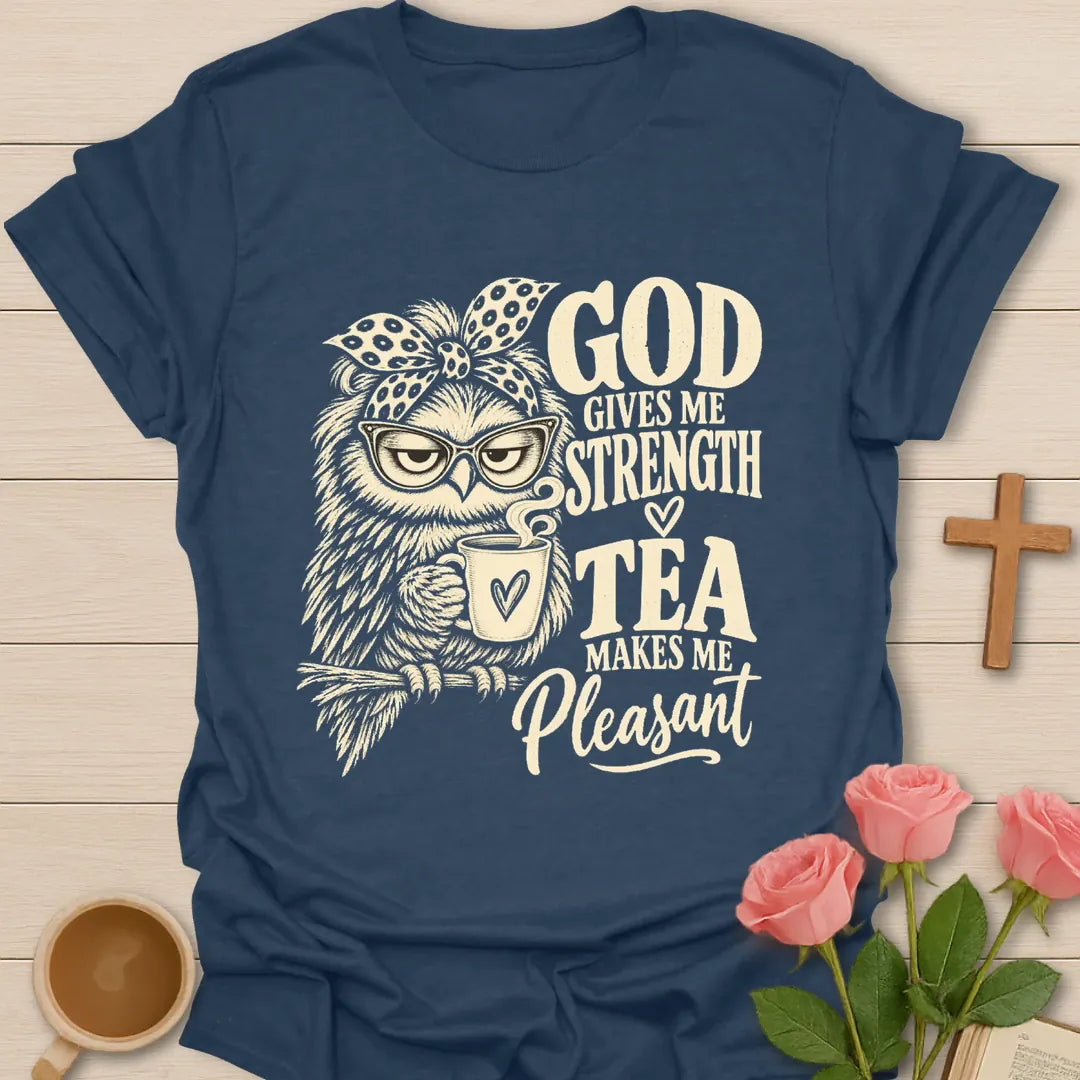 Makes Me Pleasant t-shirt with playful tea-themed lettering - Heather Navy