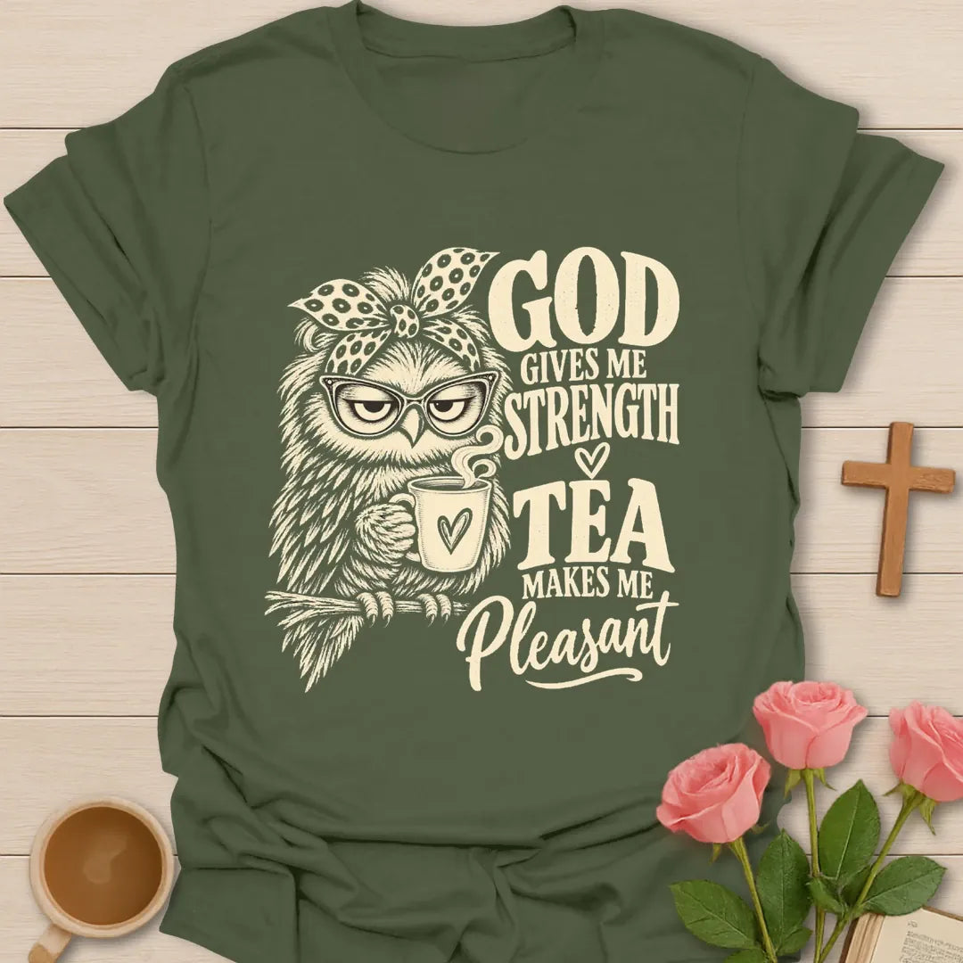 Makes Me Pleasant t-shirt with playful tea-themed lettering - Military Green