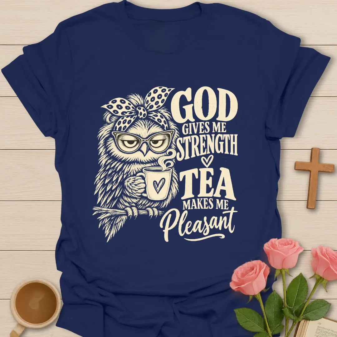 Makes Me Pleasant t-shirt with playful tea-themed lettering - Navy