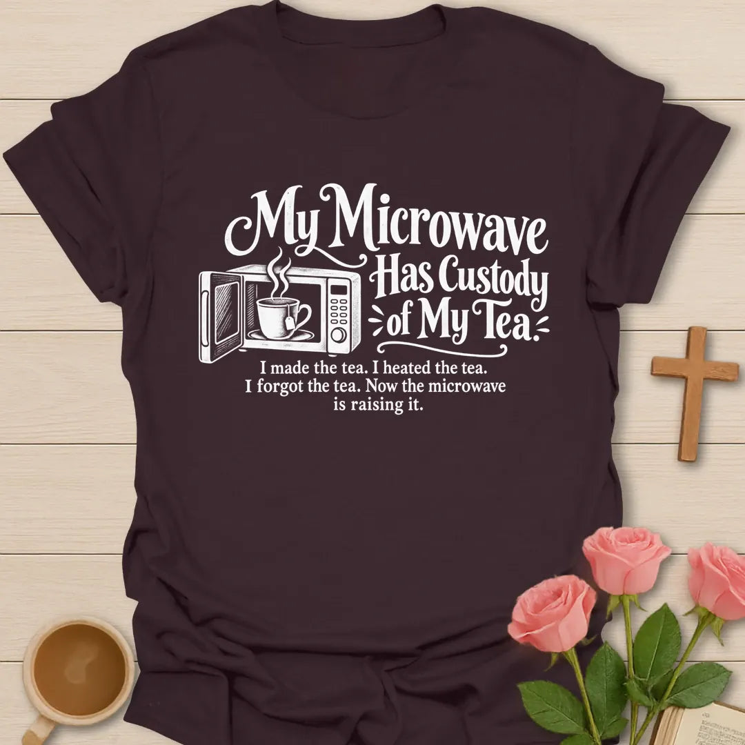 My Microwave Has Custody Of My Tea funny Christian t-shirt with a microwave and teacup illustration - Dark Chocolate