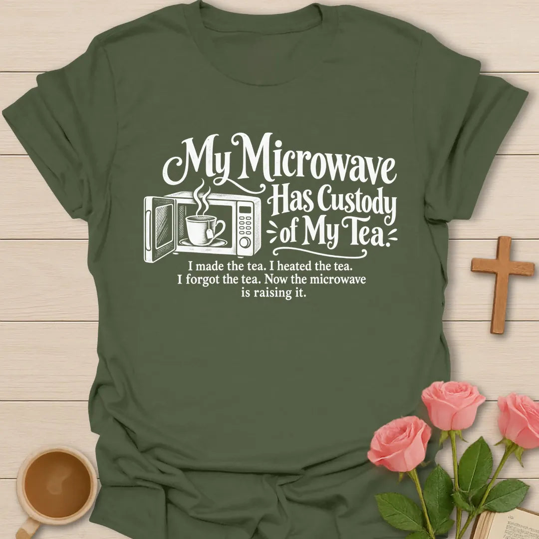 My Microwave Has Custody Of My Tea funny Christian t-shirt with a microwave and teacup illustration - Military Green