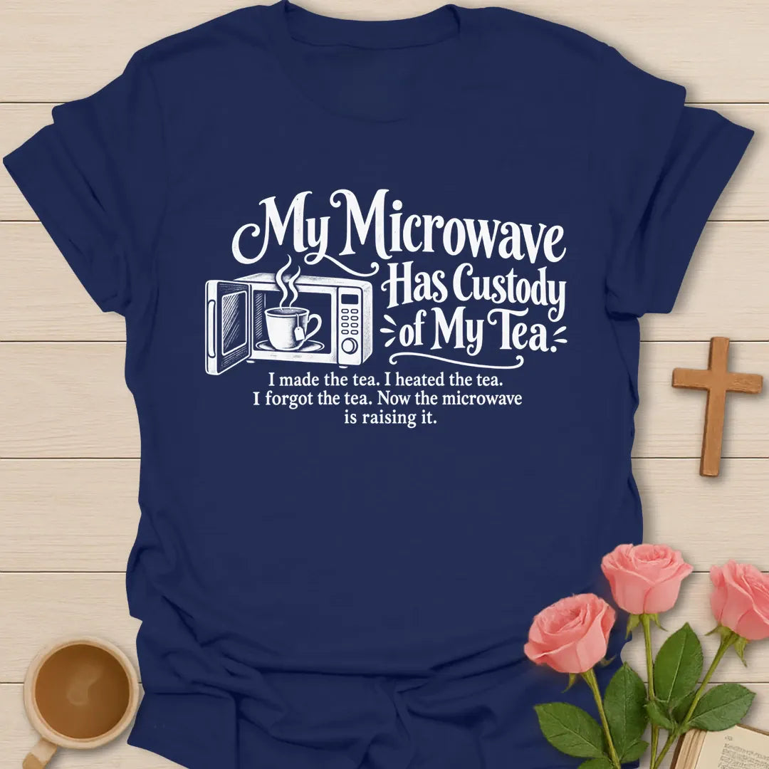 My Microwave Has Custody Of My Tea funny Christian t-shirt with a microwave and teacup illustration - Navy