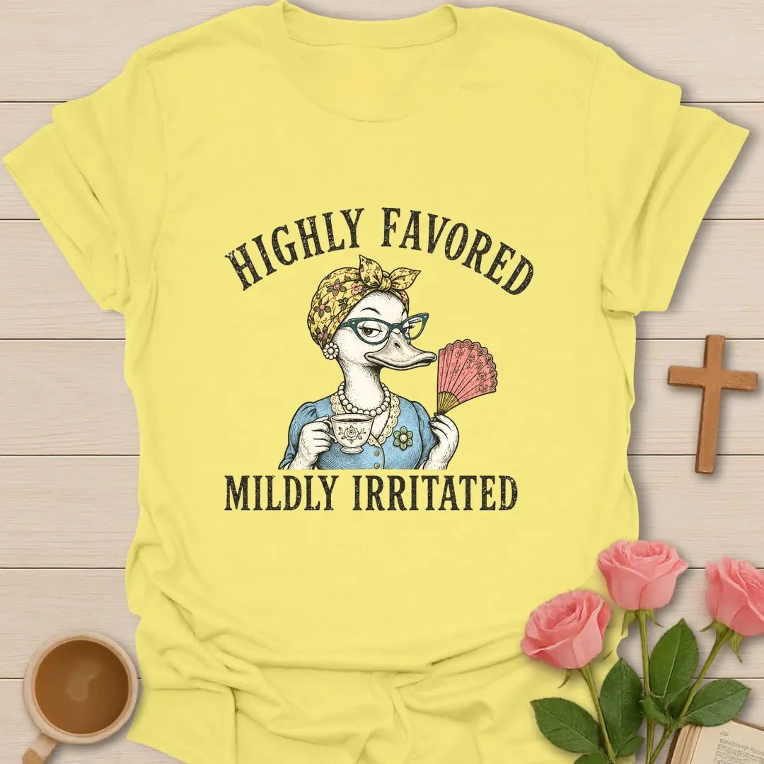 Mildly Irritated shirt with teacup, playful lettering, and faith-inspired design. - Cornsilk
