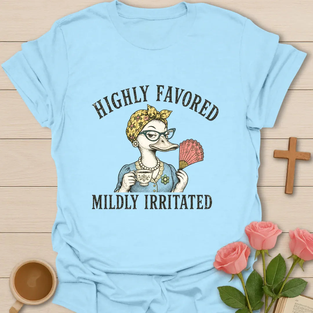 Mildly Irritated shirt with teacup, playful lettering, and faith-inspired design. - Light Blue