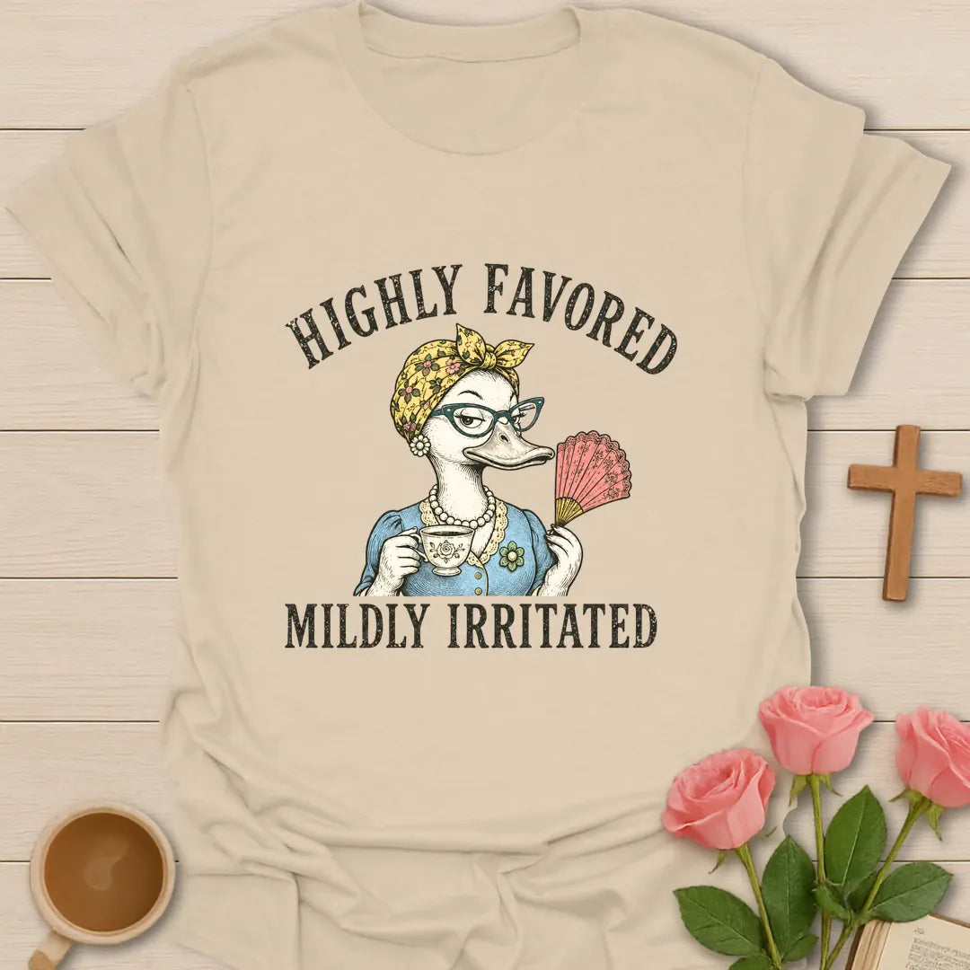 Mildly Irritated shirt with teacup, playful lettering, and faith-inspired design. - Sand