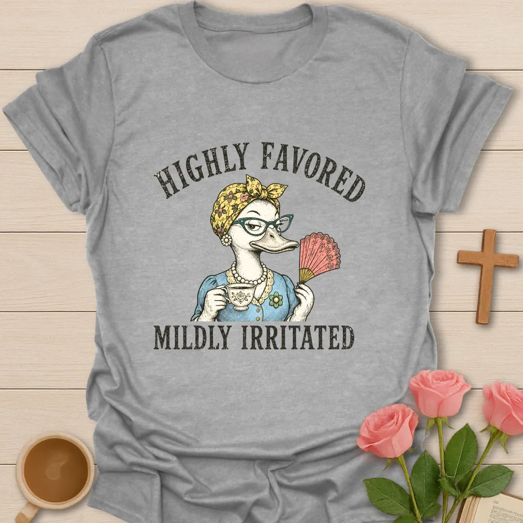 Mildly Irritated shirt with teacup, playful lettering, and faith-inspired design. - Sport Grey