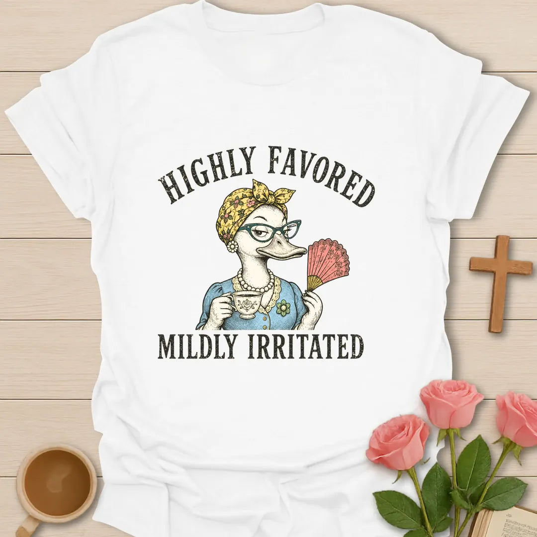 Mildly Irritated shirt with teacup, playful lettering, and faith-inspired design. - White