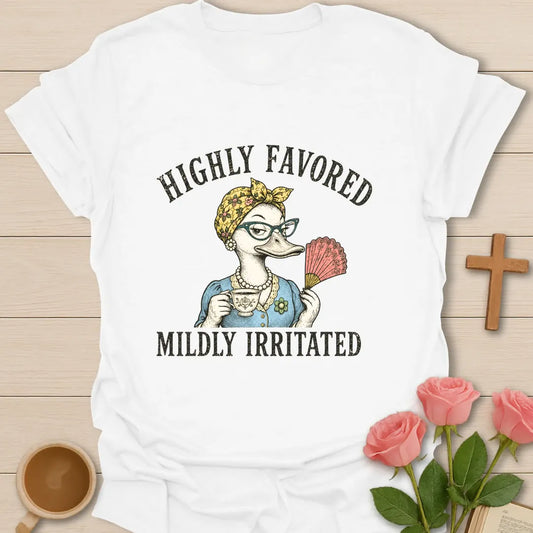 Mildly Irritated shirt with teacup, playful lettering, and faith-inspired design. - White