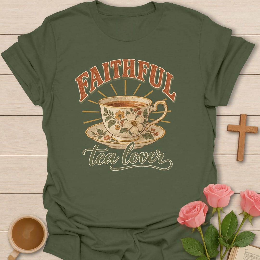 Faithful Tea Lover t-shirt with tea lover lettering and faith-inspired design - Military Green