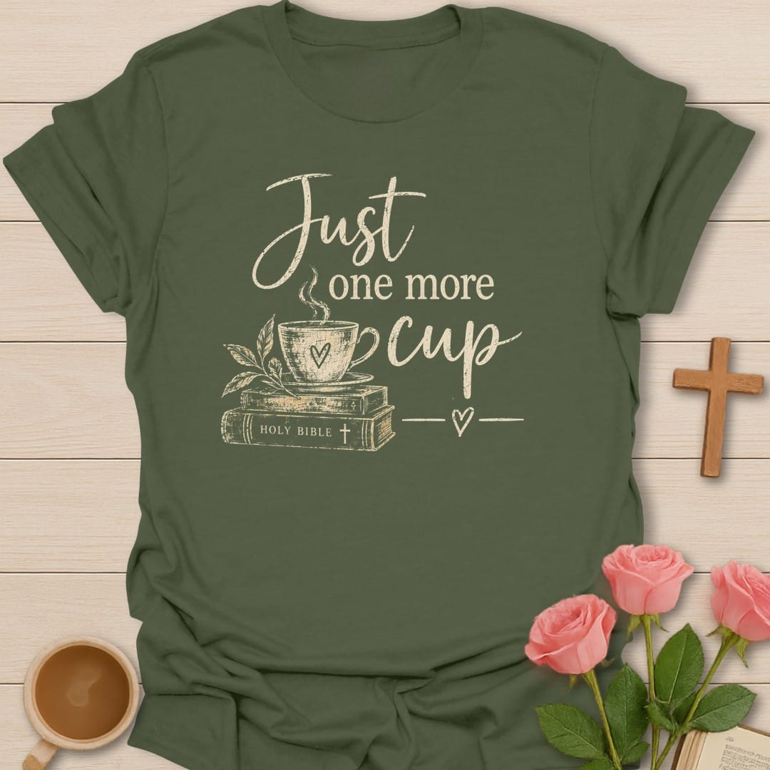Holy Coffee t-shirt with coffee cup lettering and faith-inspired design - Military Green