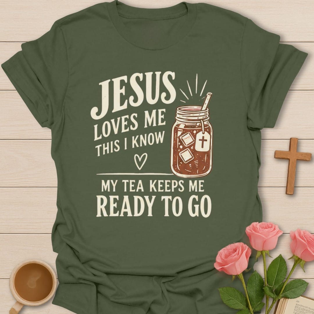 Jesus Loves Me t-shirt with gentle lettering and faith-inspired design - Military Green