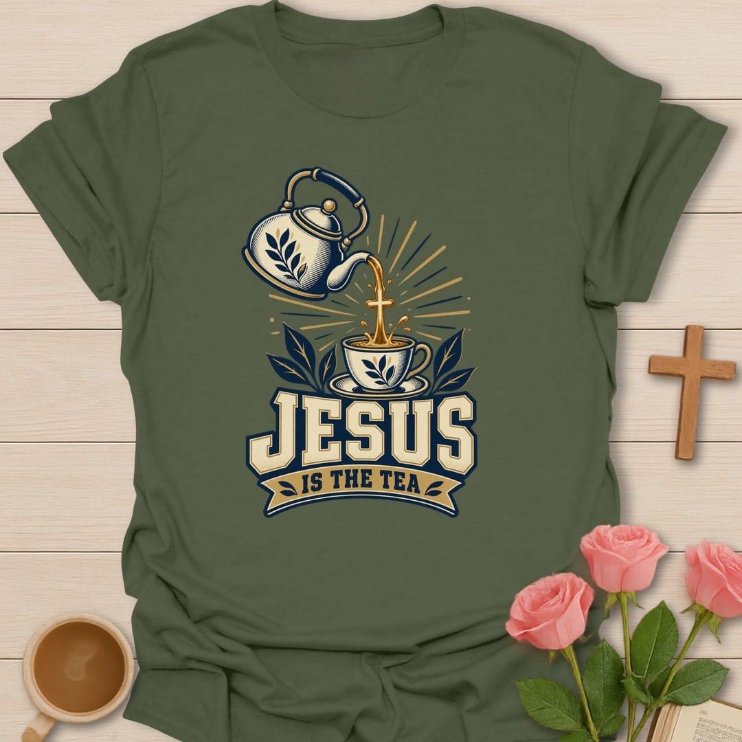 Steeped Faith t-shirt with tea steeping lettering and faith-inspired design - Military Green
