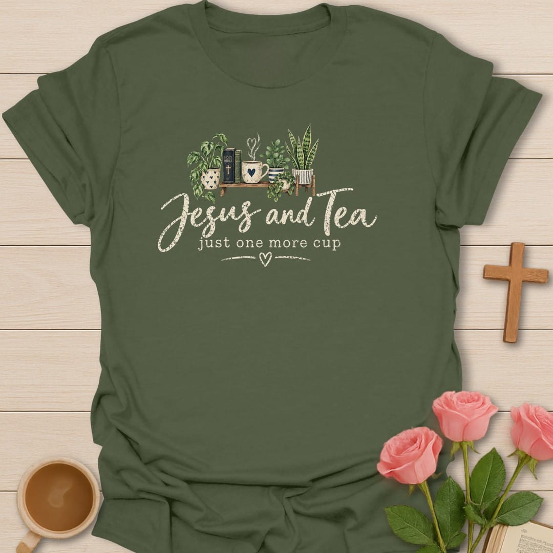 One More Cup t-shirt with tea cup lettering and faith-inspired design - Military Green
