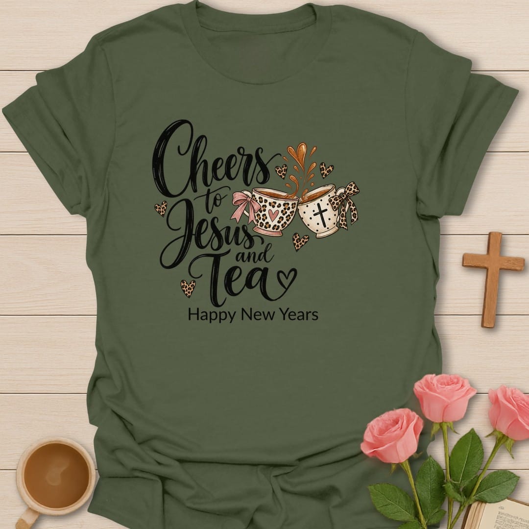 Leopard Faith Cups t-shirt with leopard print tea cup artwork and faith-inspired design - Military Green