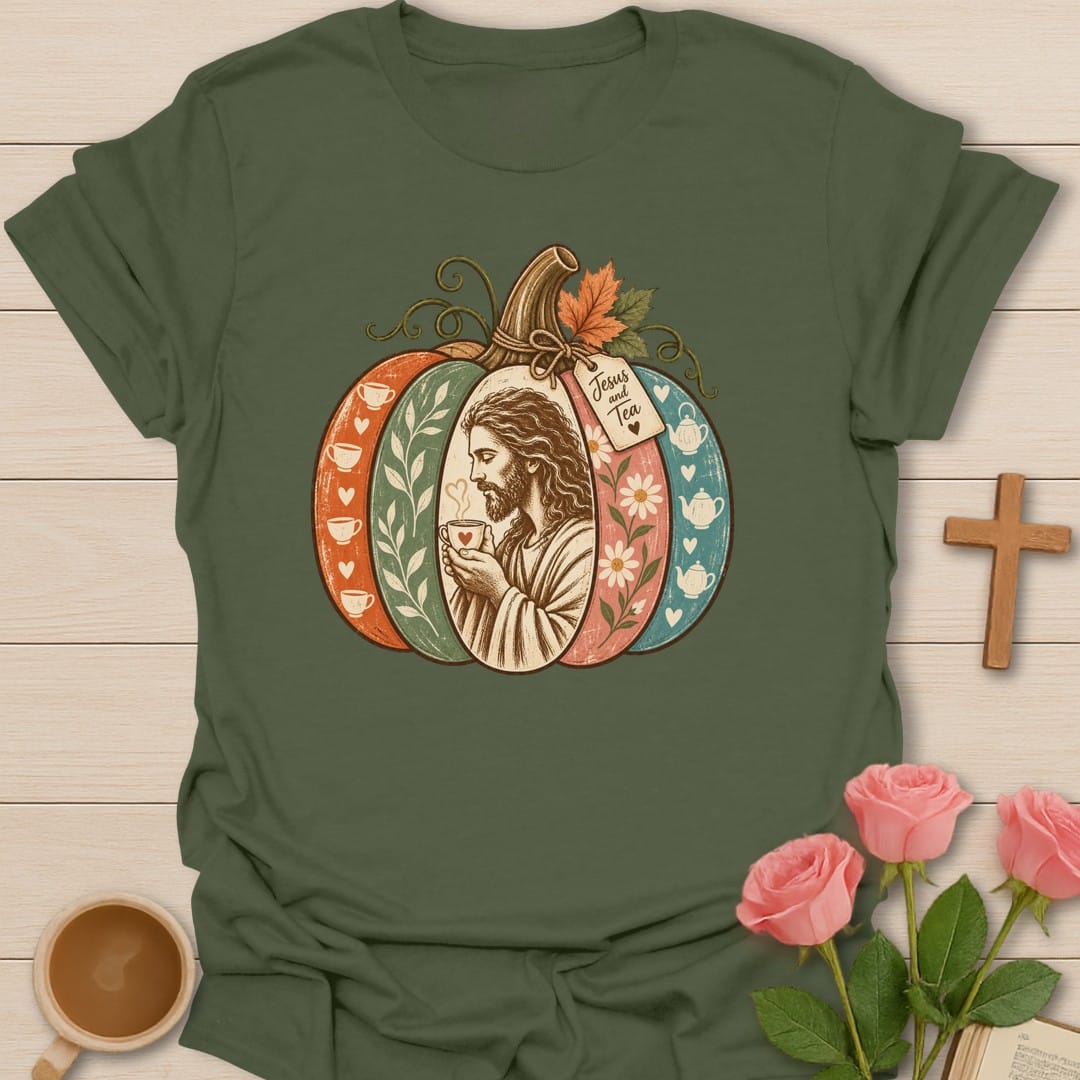 Jesus Tea Pumpkin t-shirt with cozy fall pumpkin and tea artwork and faith-inspired design - Military Green