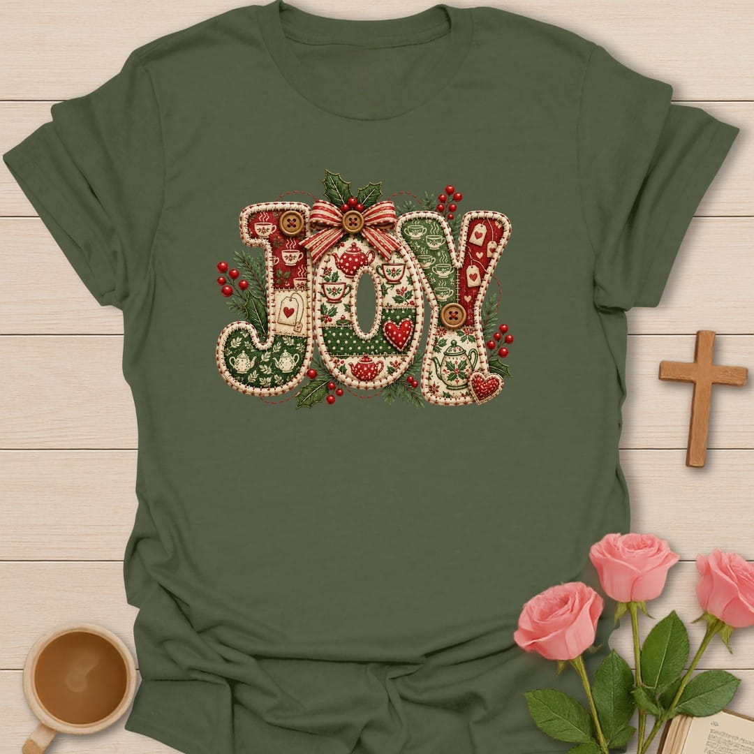 Joy Stitched t-shirt with playful joy lettering and faith-inspired design - Military Green