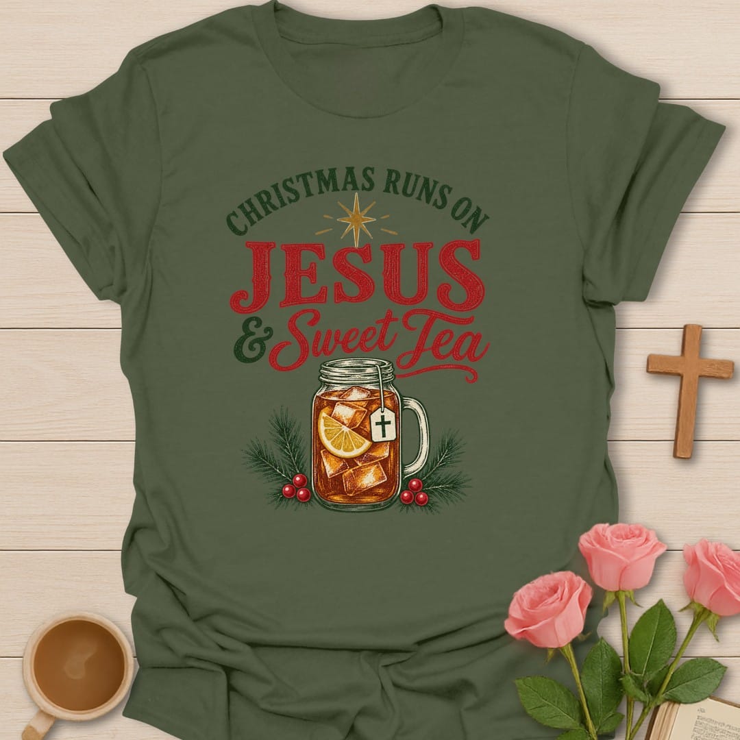 Sweet Tea Christmas t-shirt with cozy holiday lettering and faith-inspired design - Military Green