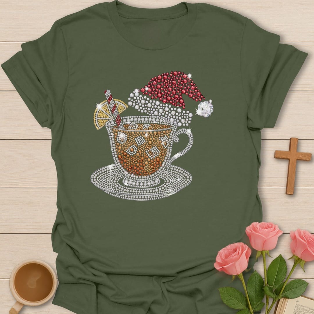 Tea Cup Santa t-shirt with festive tea cup and Santa artwork and faith-inspired design - Military Green