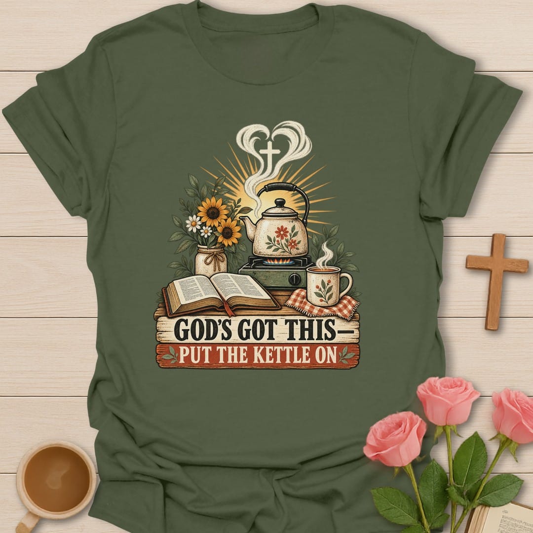 God's Got This t-shirt with reassuring lettering and faith-inspired design - Military Green