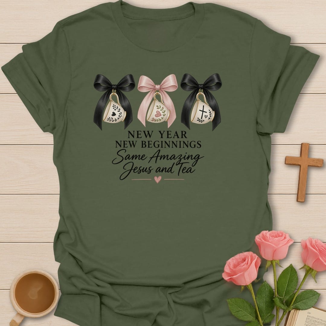 Amazing New Year t-shirt with celebratory lettering and faith-inspired design - Military Green