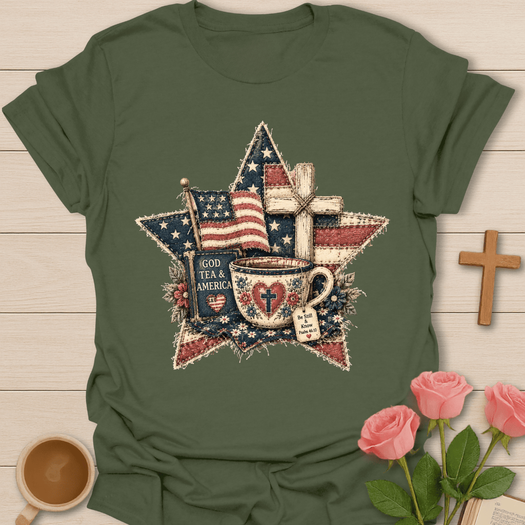 God Tea & America Faux Patchwork T-Shirt T-Shirt