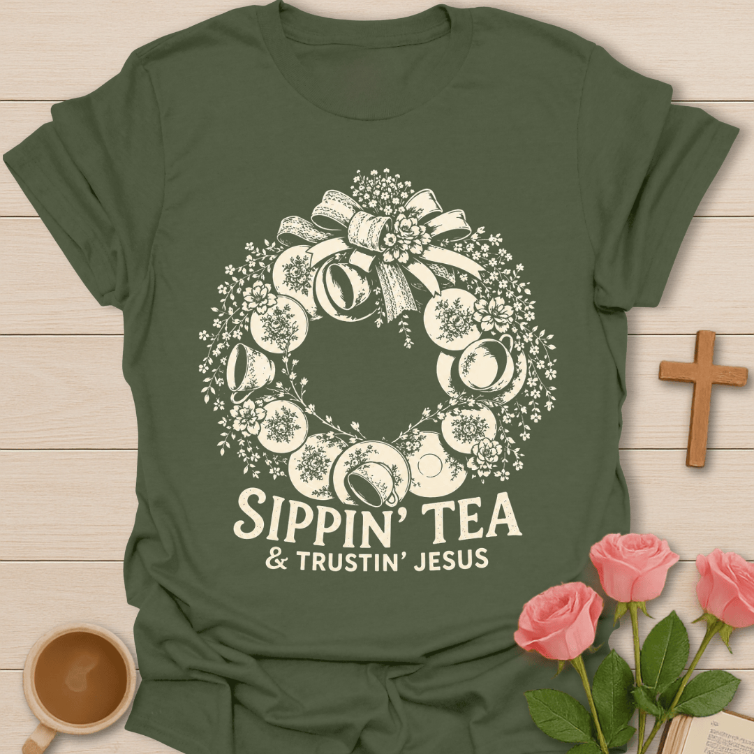 Tea Wreath Faith T-Shirt KozzyCo Christian and tea lover design