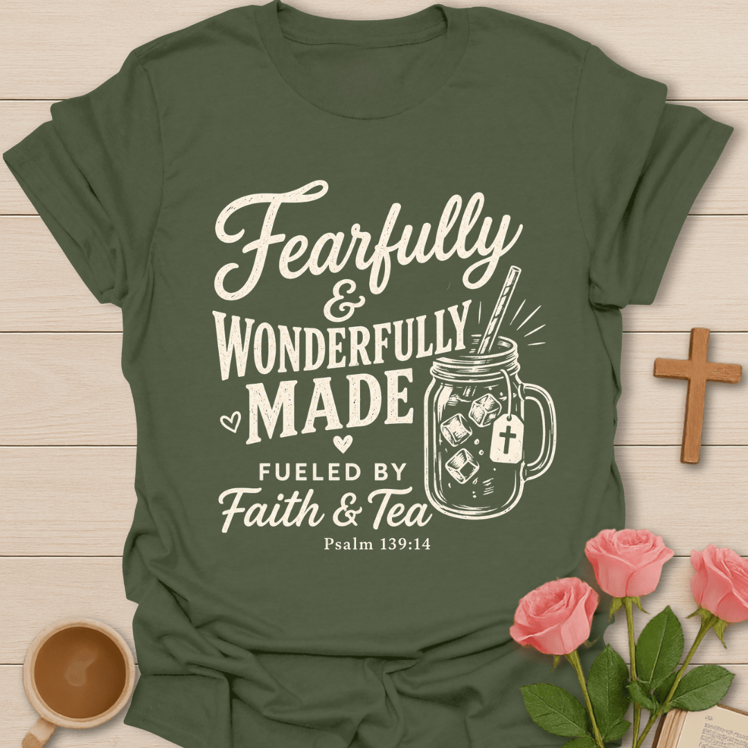 Wonderfully Made Faith Tea T-Shirt KozzyCo Christian and tea lover design