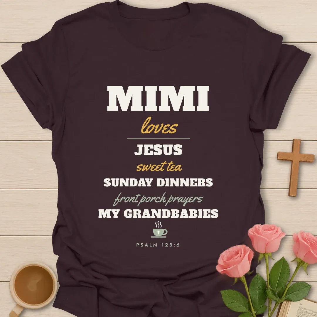Mimi Loves Christian t-shirt with faith-inspired lettering and design - Dark Chocolate