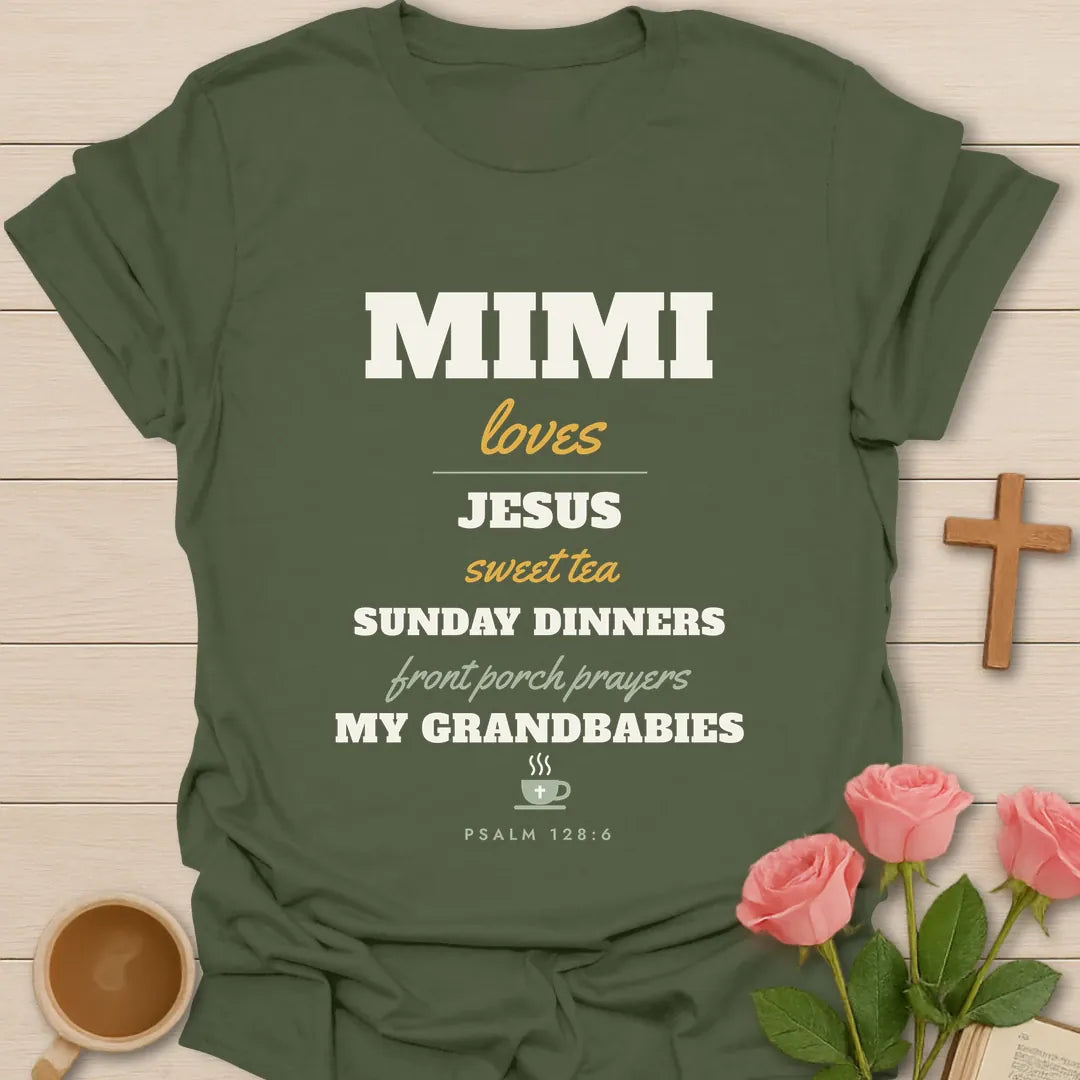 Mimi Loves Christian t-shirt with faith-inspired lettering and design - Military Green