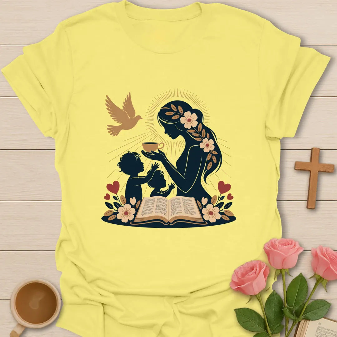 Mom My God Is Good shirt with teacup, florals, and cream vintage lettering. - Cornsilk