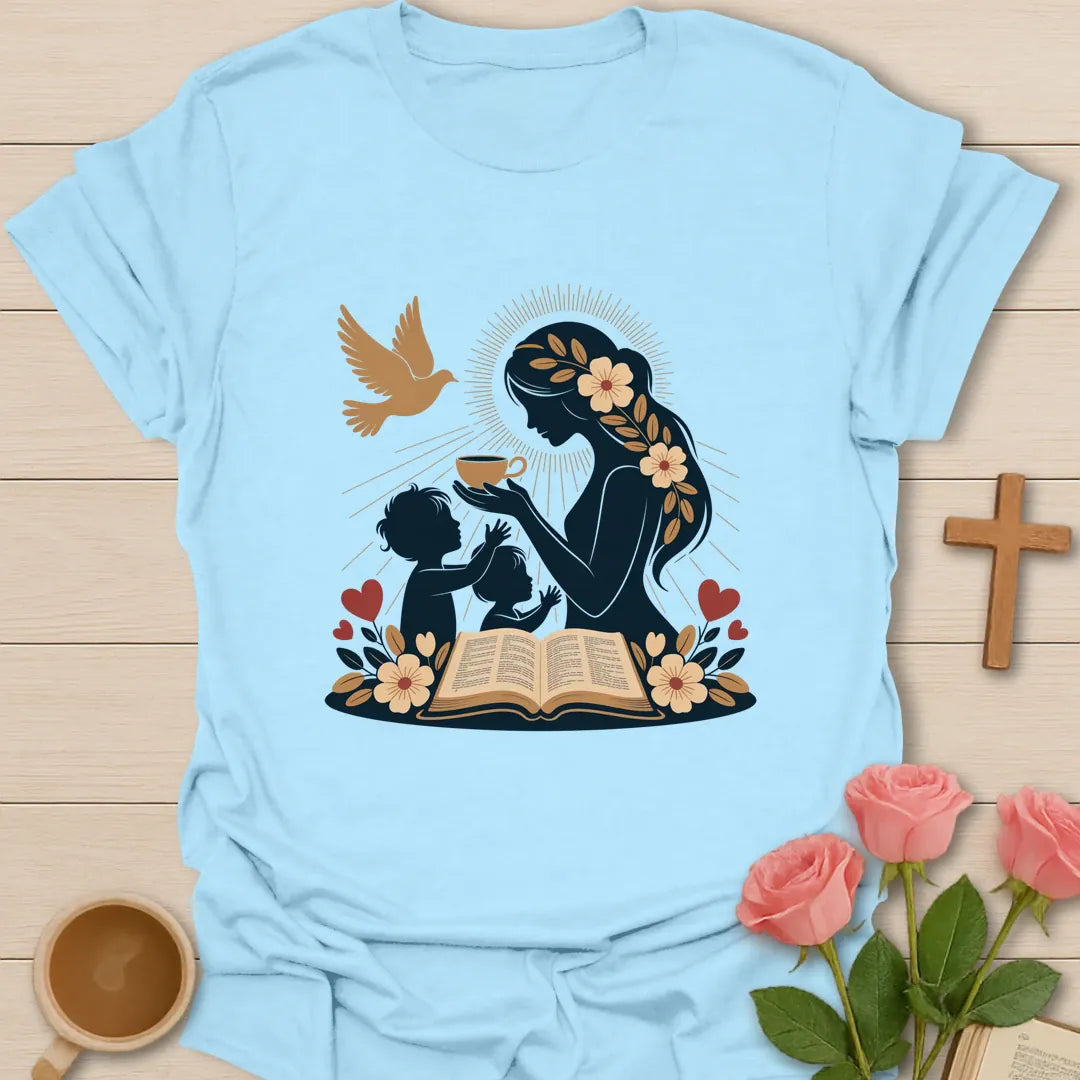 Mom My God Is Good shirt with teacup, florals, and cream vintage lettering. - Light Blue