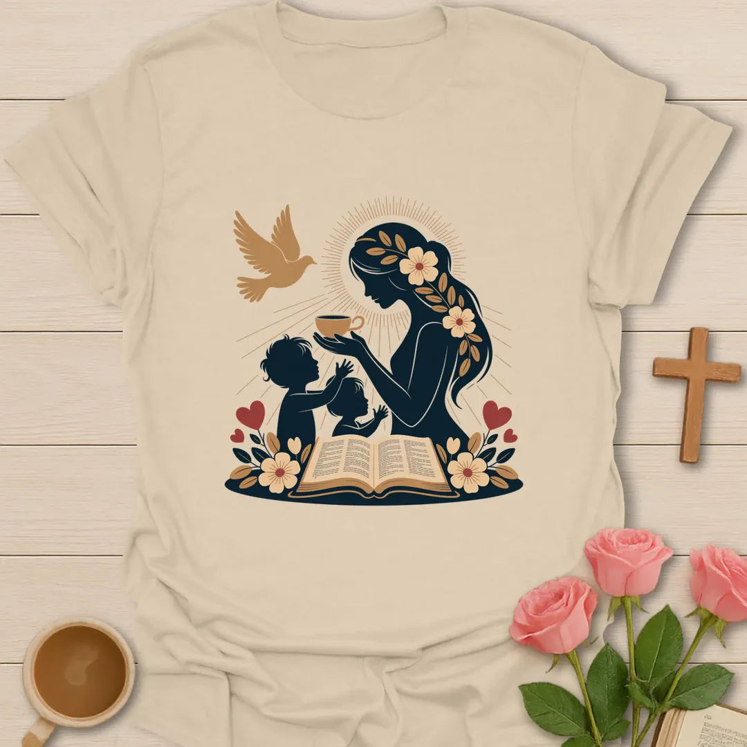 Mom My God Is Good shirt with teacup, florals, and cream vintage lettering. - Sand