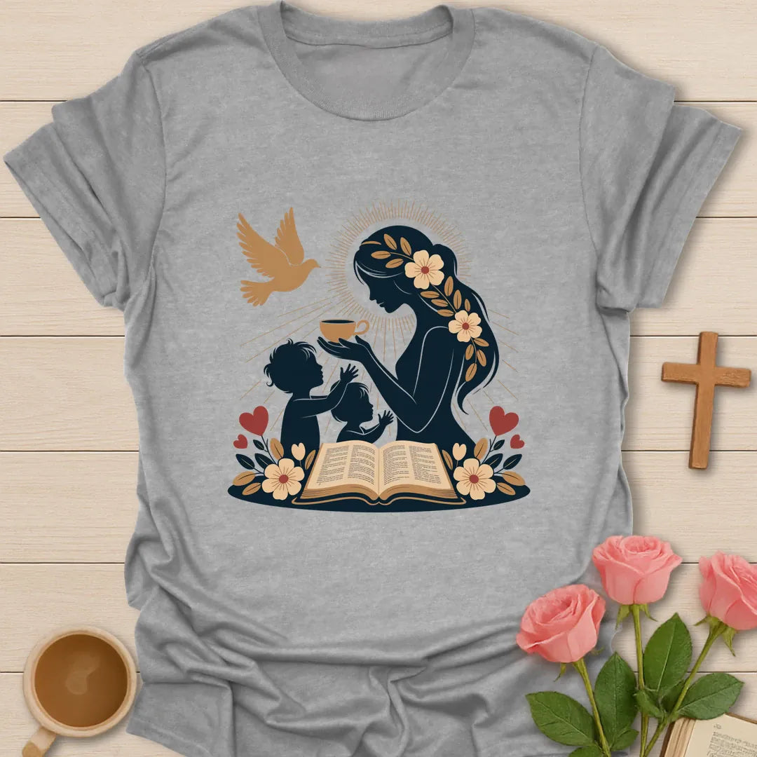 Mom My God Is Good shirt with teacup, florals, and cream vintage lettering. - Sport Grey