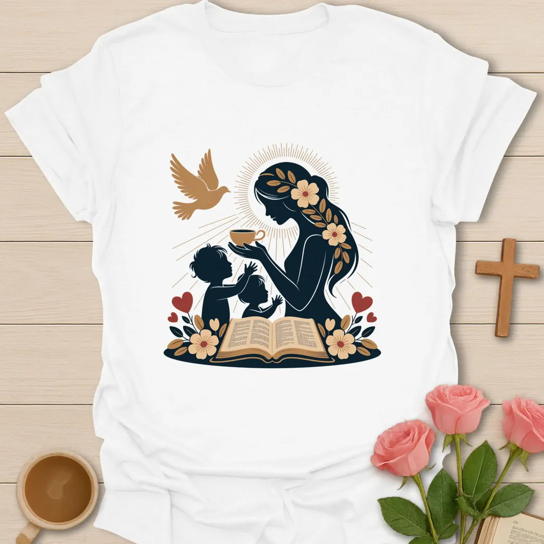 Mom My God Is Good shirt with teacup, florals, and cream vintage lettering. - White